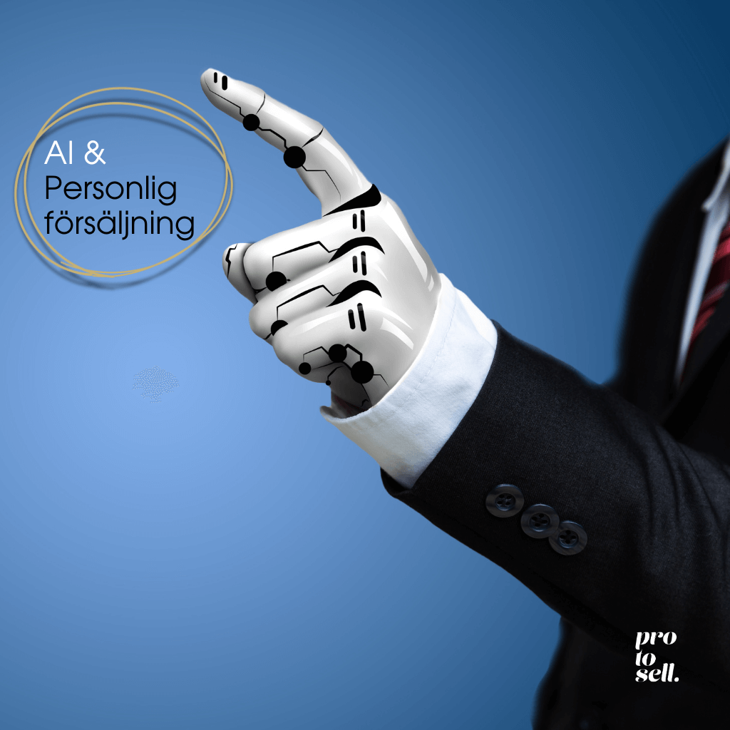 En robotarm som bär kostym och som pekar mot en text där det står "AI och försäljning"