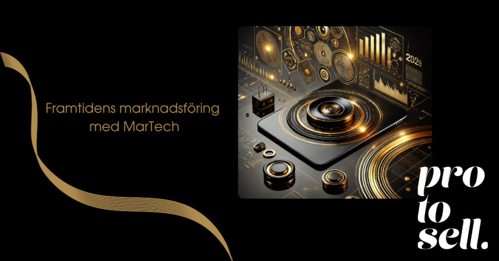 "Framtidens marknadsföring med MarTech, gyllene futuristisk teknologi och dataelement, med Protosells logotyp i hörnet.