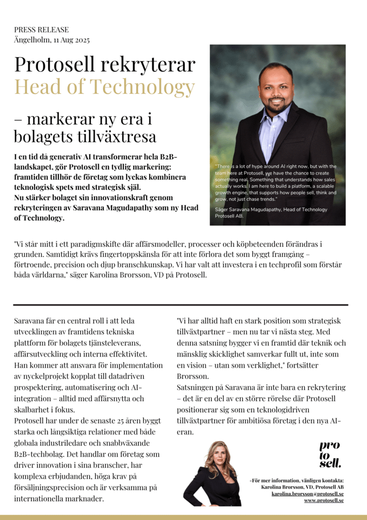 Pressmeddelande om Protosells Head of Technology Saravana Kumar
